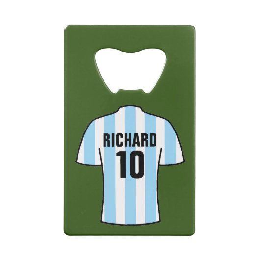 Shirt van het football in lichtblauwe streepjes creditkaart flessenopener (Achterkant)