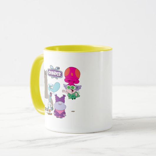 Shnitzel, Mung, Chowder en Truffels Mok (Voorkant links)