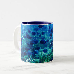 Shoal of Blue Discus Fish Tweekleurige Koffiemok
