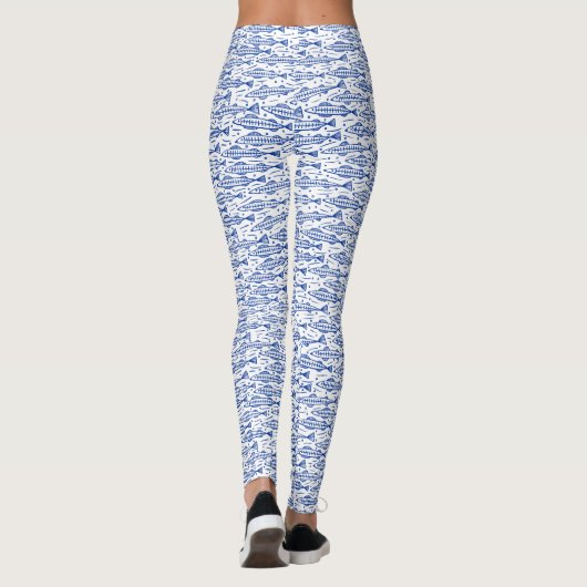 Shoal of Fish Pattern - Navy Blue op wit Leggings (Achterkant)