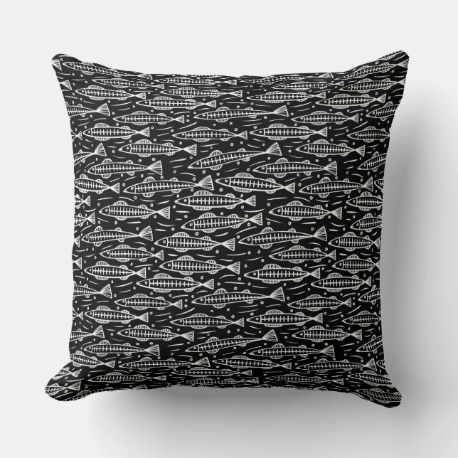 Shoal of Fish Pattern - Wit op Zwart Kussen (Voorkant)