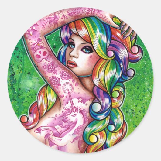 Shock Tart Rainbow Pin Up Meisje Ronde Sticker (Voorkant)