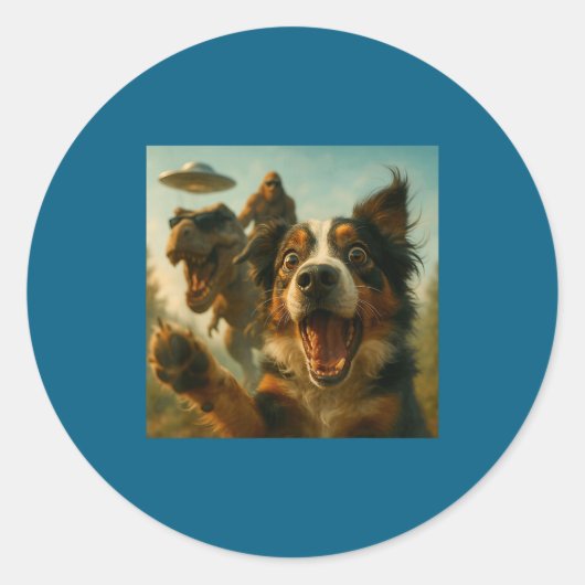 Shocked Australian Shepherd Dog T-rex Bigfoot Ufo  Ronde Sticker (Voorkant)