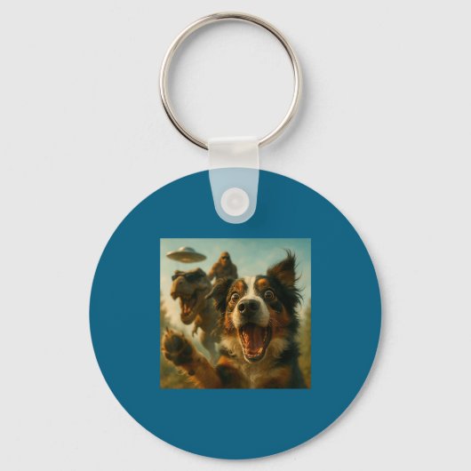 Shocked Australian Shepherd Dog T-rex Bigfoot Ufo Sleutelhanger (Voorkant)