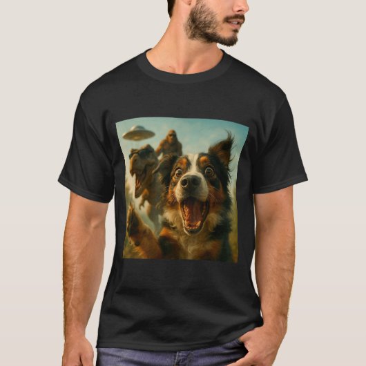 Shocked Australian Shepherd Dog T-rex Bigfoot Ufo T-shirt (Voorkant)