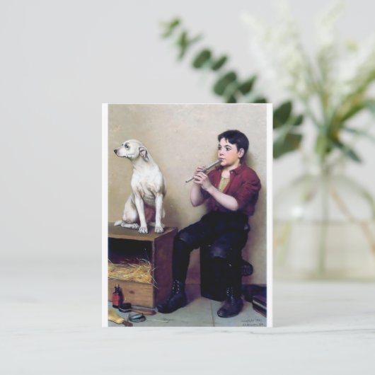 Shoe shine Boy die flute en zijn Dog speelt Briefkaart (Staand voorkant)