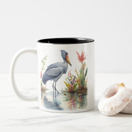Shoebill Stork Waterverf schilderij Tweekleurige Koffiemok (Met donut)