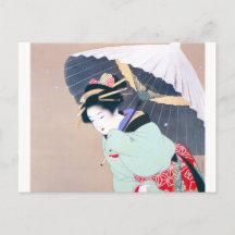 Shoen Uemura 上村松園 冬 雪 傘 着物 女性 舞妓 芸者 日本画 美人画 浮世絵 緑