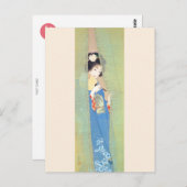 Shoen Uemura 上村松園 夏 着物 女性 舞妓 芸者 日本画 美人画 浮世絵 青 緑 Briefkaart (Voorkant / Achterkant)