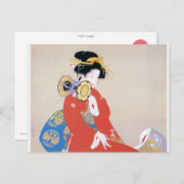 Shoen Uemura 上村松園 着物 女性 太鼓 楽器演奏 芸者 日本画 美人画 浮世絵 赤 青 Briefkaart (Voorkant / Achterkant)