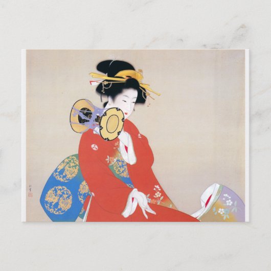Shoen Uemura 上村松園 着物 女性 太鼓 楽器演奏 芸者 日本画 美人画 浮世絵 赤 青 Briefkaart (Voorkant)