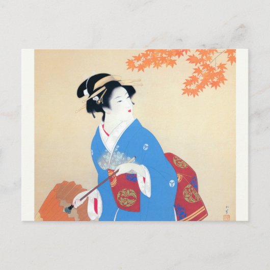 Shoen Uemura 上村松園 秋 紅葉 着物 女性 芸者 日本画 美人画 浮世絵 オレンジ 青 Briefkaart (Voorkant)