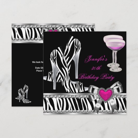 Shoes Pink 30th Birthday Party Zebra Champagne Kaart (Voorkant / Achterkant)