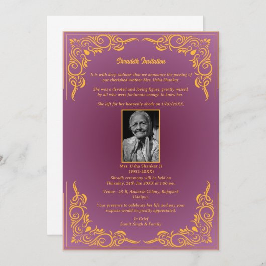 Shok Sandesh Hindu Shraddh Kaart (Voorkant / Achterkant)