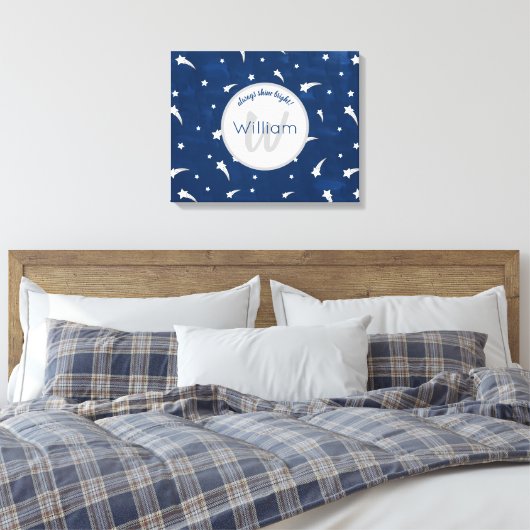 Shooistars Navy Blue Waterverf Monogram Canvas Afdruk (Insitu (Slaapkamer))