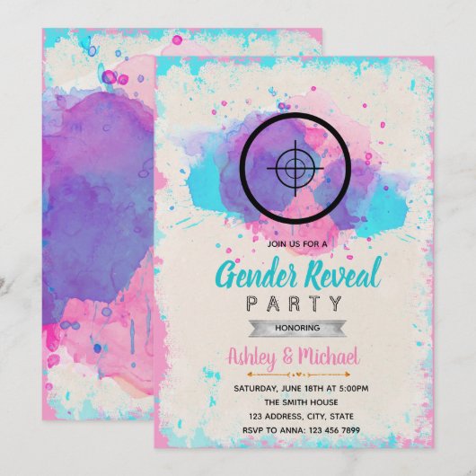 Shooting doel geslacht onthult partijuitnodiging kaart (Voorkant / Achterkant)