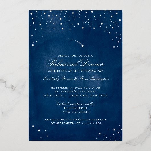 Shooting Star Blue Waterverf Wedding Rehearsal Folie Uitnodiging (Voorkant)