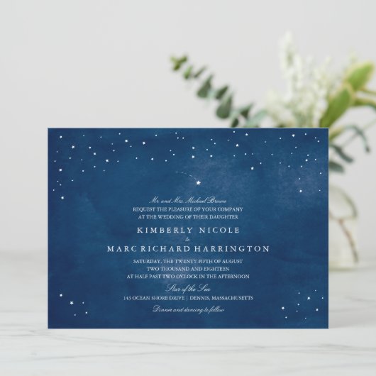 Shooting Star Navy Blue Waterverf Bruiloft Kaart (Staand voorkant)