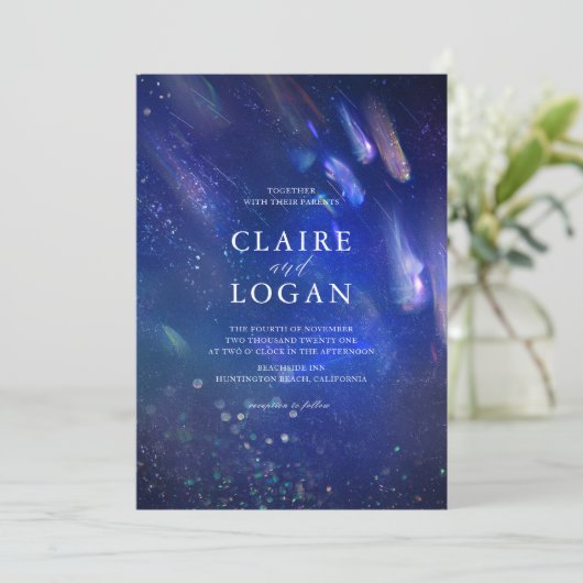 Shooting Stars Celestial Galaxy Wedding Invitation Kaart (Staand voorkant)