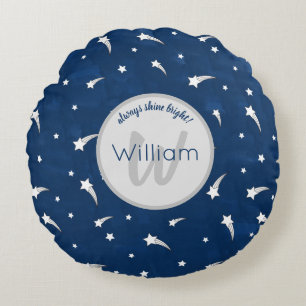 Shooting Stars Navy Blauwe Aquarel Monogram Rond Kussen