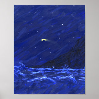 Shootschilderij van de Night Sky Ocean Cliff Star  Poster