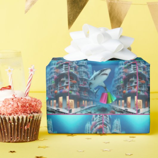 Shoppen met haaien in het onderwater centrum cadeaupapier (Verjaardagsfeest)