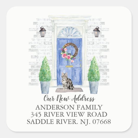 Shorthair Cat Blue Door Nieuw Adres Label Sticker (Voorkant)