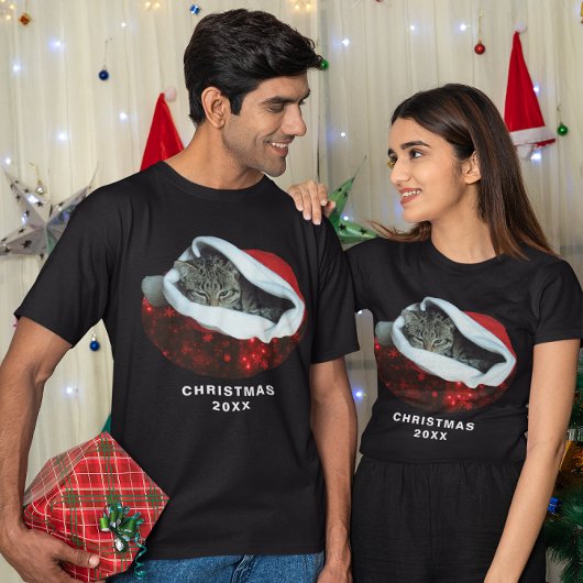 Shorthair Grijze Kat Rood kerstfeest Unisex T-shirt