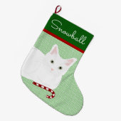 Shorthair White Cat Kerstmis stoppen Grote Kerstsok (Voorkant (Hangend))