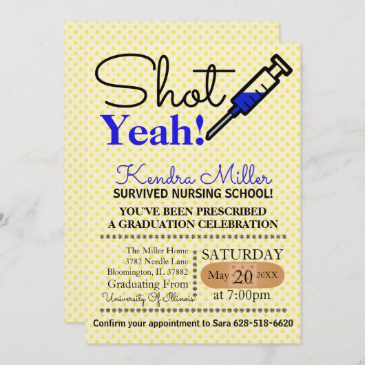 Shot Ja! Blue Nursing School Afstuderen uitnodigen Kaart (Voorkant / Achterkant)