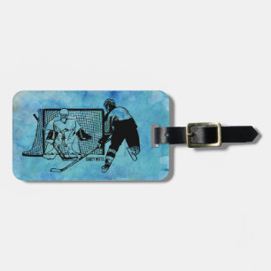 Shot on Net Hockey Ink Sketch on Blue Waterverf Bagagelabel