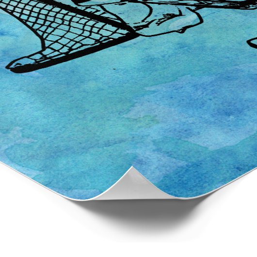 Shot on Net Hockey Sketch on Blue Waterverf Poster (Hoek)