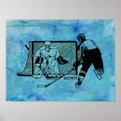 Shot on Net Hockey Sketch on Blue Waterverf Poster (Voorkant)