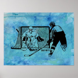 Shot on Net Hockey Sketch on Blue Waterverf Poster