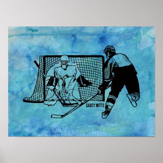 Shot on Net Hockey Sketch on Blue Waterverf Poster (Voorkant)