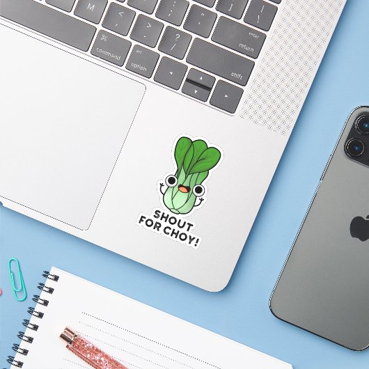 Shout for Choy Funny Veggie Bok Choy Pun Sticker (Laptop met iPhone)