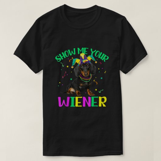 Show me je Wiener Funny Mardi Gras Jester Pet Da T-shirt (Design voorkant)
