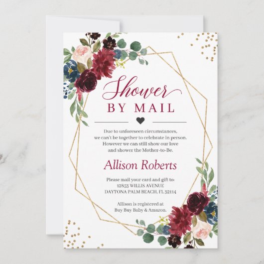 Shower by Mail Burgundy Navy Floral Gold Geometric Kaart (Voorkant)