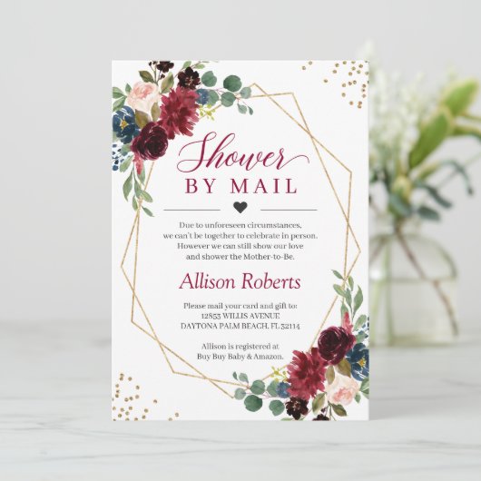 Shower by Mail Burgundy Navy Floral Gold Geometric Kaart (Staand voorkant)