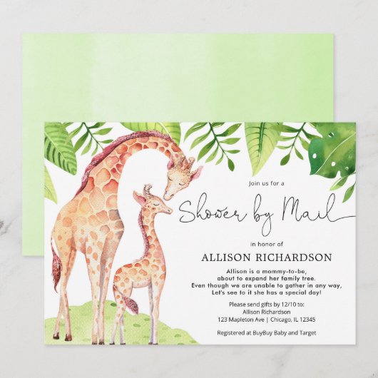 Shower by Mail mamma and baby giraffe waterverf Kaart (Voorkant / Achterkant)