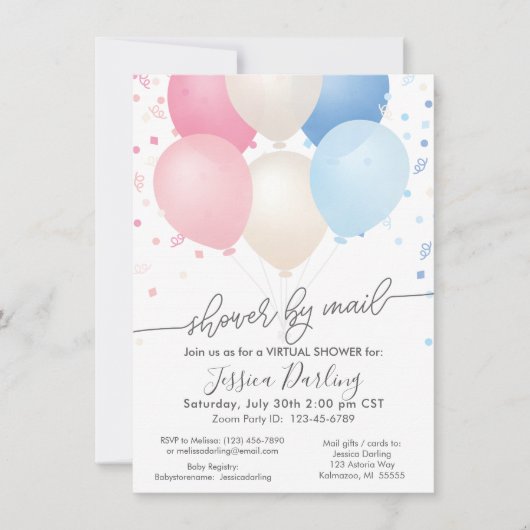 Shower by Mail Pink and Blue Balloons and Confetti Kaart (Voorkant)