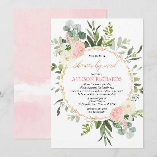 Shower by mail roze Gold Greenery baby shower Kaart (Voorkant / Achterkant)