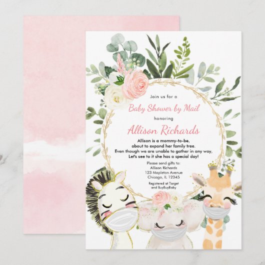 Shower by mail roze greenery gold baby shower kaart (Voorkant / Achterkant)