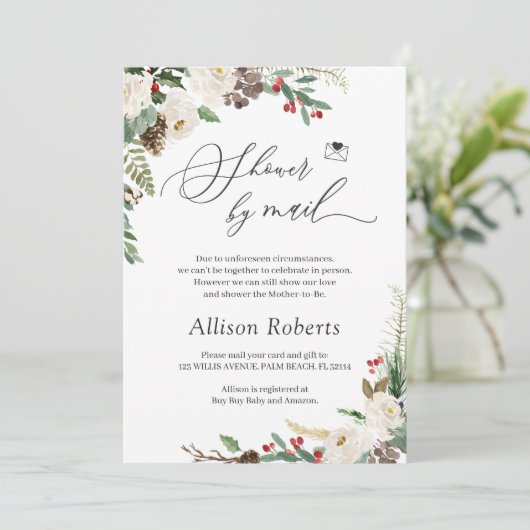 Shower by Mail Script Rustic Winter Floral Leaves Kaart (Staand voorkant)