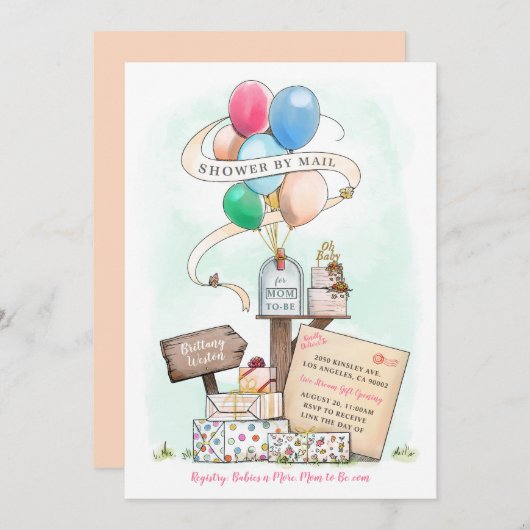 Shower by Mail Virtual Baby shower Balloon Mailbox Kaart (Voorkant / Achterkant)