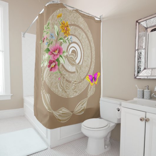 Shower Curtain beige Floral Butterfly Douchegordijn (In situ)