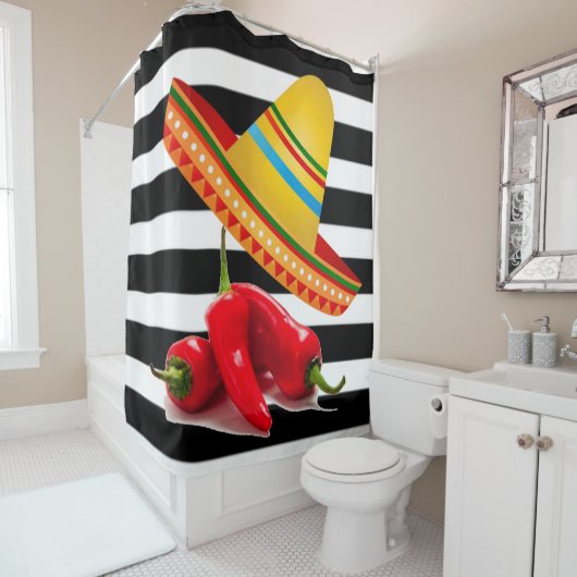 Shower Curtain Black Stripe Mexicaanse Sombrero Douchegordijn (In situ)