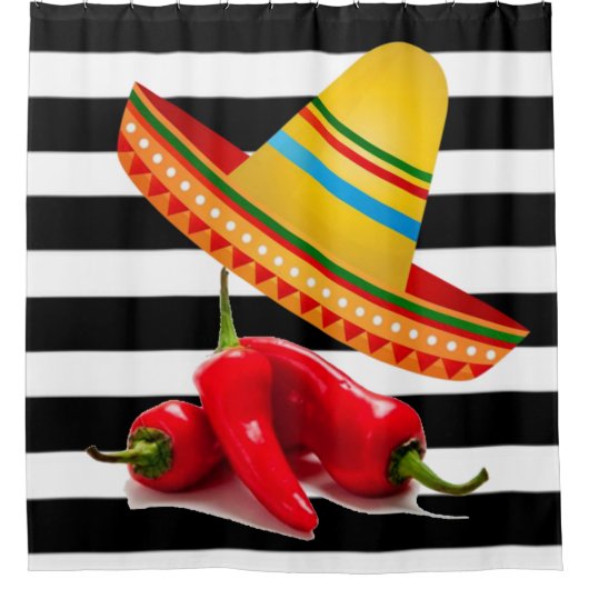 Shower Curtain Black Stripe Mexicaanse Sombrero Douchegordijn (Voorkant)