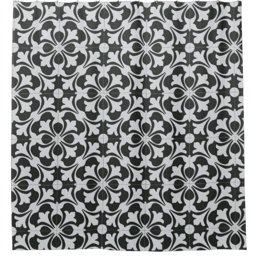 Shower Curtain - Black & White Floral Tile Douchegordijn (Voorkant)