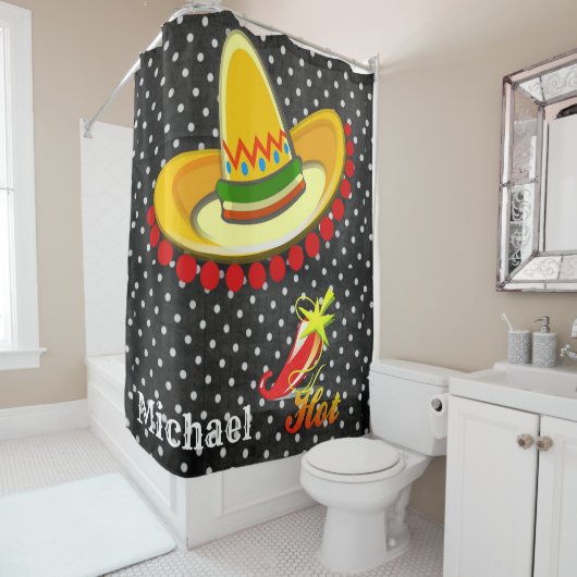 Shower Curtain Black White Polk a dot, Sombrero Douchegordijn (In situ)